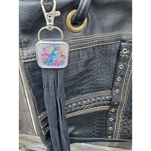 Handmade boho Husky dog gift Leather Fringe Western bag charm keychain - Picture 2 of 4